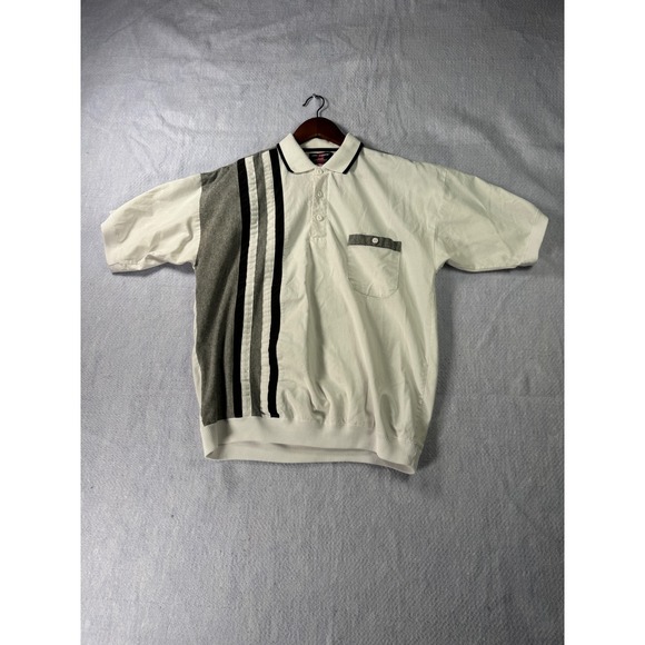 Safe Harbor Other - Safe Harbor Mens White Grey Striped Short Sleeve Banded Hem Polo Shirt Medium